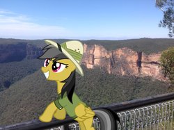 Size: 1024x765 | Tagged: safe, artist:didgereethebrony, daring do, pony, g4, australia, blue mountains, cliff, cliffs, fence, irl, lookout, mlp in australia, photo, ponies in real life, railing, solo, valley