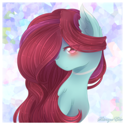 Size: 2076x2076 | Tagged: safe, artist:shimayaeiko, oc, oc only, oc:aveline, earth pony, pony, abstract background, blushing, bust, chest fluff, ear fluff, eye clipping through hair, female, hair over one eye, high res, mare, simple background, solo