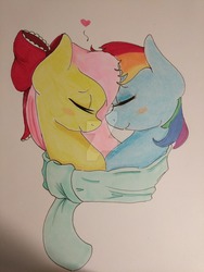 Size: 1024x1365 | Tagged: safe, artist:demise-the-art-demon, fluttershy, rainbow dash, pony, g4, clothes, deviantart watermark, female, lesbian, nuzzling, obtrusive watermark, scarf, shared clothing, shared scarf, ship:flutterdash, shipping, traditional art, watermark