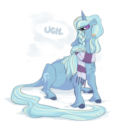 Size: 990x990 | Tagged: safe, artist:batlover800, oc, oc only, oc:funny frost, classical unicorn, pony, unicorn, clothes, cloven hooves, female, horn, leonine tail, mare, not trixie, scarf, solo, ugh, unamused, unshorn fetlocks