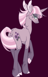 Size: 590x939 | Tagged: safe, artist:miaoumaou, oc, oc only, oc:parlor rose, pony, unicorn, cutie mark, female, floppy ears, horn, looking back, raised hoof, simple background, solo