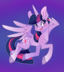 Size: 1440x1627 | Tagged: safe, artist:miaoumaou, twilight sparkle, alicorn, pony, blushing, cutie mark, female, flying, gradient background, horn, smiling, solo, spread wings, twilight sparkle (alicorn), wings