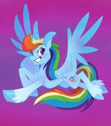 Size: 1440x1627 | Tagged: safe, artist:miaoumaou, rainbow dash, pegasus, pony, g4, cutie mark, female, flying, gradient background, grin, smiling, solo, spread wings, unshorn fetlocks, wings