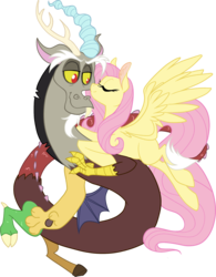 Size: 2500x3212 | Tagged: safe, artist:miaoumaou, discord, fluttershy, draconequus, pegasus, pony, g4, cute, female, high res, horns, hug, male, nuzzling, ship:discoshy, shipping, simple background, smiling, spread wings, straight, transparent background, wings