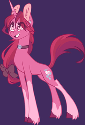 Size: 652x955 | Tagged: safe, artist:miaoumaou, oc, oc only, oc:ai candy, pony, unicorn, bow, choker, cutie mark, ear piercing, earring, female, hair bow, heart, horn, jewelry, looking up, piercing, simple background, smiling, solo, unshorn fetlocks