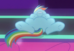 Size: 339x233 | Tagged: safe, screencap, rainbow dash, pegasus, pony, g4, grannies gone wild, cropped, featureless crotch, female, mare, on back, solo