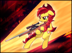 Size: 8711x6437 | Tagged: safe, artist:estories, oc, oc only, oc:rifle barrel, earth pony, pony, g4, absurd resolution, clothes, cutie mark, female, floppy ears, gun, hat, hooves, mare, not applejack, optical sight, rifle, sniper rifle, solo, vest, weapon