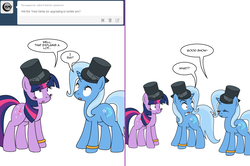 Size: 1204x800 | Tagged: safe, artist:dekomaru, trixie, twilight sparkle, pony, unicorn, tumblr:ask twixie, g4, ask, comic, female, hat, lesbian, self ponidox, ship:twixie, shipping, top hat, tumblr