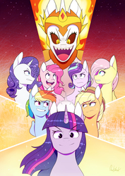 Size: 2480x3507 | Tagged: safe, artist:0ndshok, applejack, daybreaker, fluttershy, pinkie pie, rainbow dash, rarity, spike, starlight glimmer, twilight sparkle, alicorn, earth pony, pegasus, pony, unicorn, g4, female, high res, horn, looking at each other, looking at you, looking back, looking up, mane seven, mane six, mare, smiling, wings