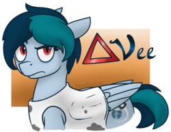 Size: 1864x1440 | Tagged: safe, artist:cadetredshirt, oc, oc only, oc:delta vee, pegasus, pony, bangs, blue coat, clothes, dirty, female, grumpy, red eyes, shinodage, shirt, short hair, simple background, solo, transparent background