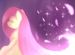 Size: 1515x1101 | Tagged: safe, artist:whiskyice, fluttershy, pegasus, pony, g4, eyes closed, feather, female, mare, solo, sparkles