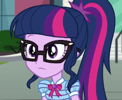 Size: 880x720 | Tagged: safe, screencap, sci-twi, twilight sparkle, equestria girls, equestria girls series, g4, text support, animated, blinking, cropped, female, geode of telekinesis, magical geodes, nerd, reaction image, solo