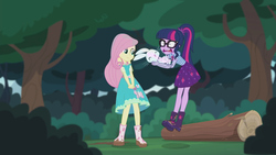 Size: 2208x1242 | Tagged: safe, screencap, angel bunny, fluttershy, sci-twi, twilight sparkle, butterfly, equestria girls, equestria girls series, g4, stressed in show, stressed in show: fluttershy, boots, clothes, cute, dress, eyes closed, geode of fauna, geode of telekinesis, glasses, jumping, log, magical geodes, mud, muddy, open mouth, ponytail, shoes, skirt, smiling, stressed, tree
