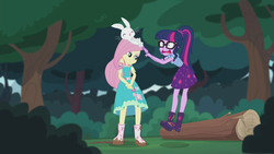 Size: 2208x1242 | Tagged: safe, screencap, angel bunny, fluttershy, sci-twi, twilight sparkle, butterfly, equestria girls, equestria girls series, g4, stressed in show, stressed in show: fluttershy, boots, clothes, cute, dress, eyes closed, geode of fauna, glasses, jumping, log, magical geodes, mud, muddy, open mouth, ponytail, shoes, skirt, sleeping, smiling, stressed, tree