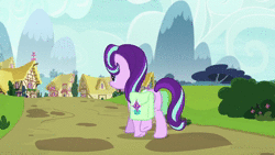 Size: 1280x720 | Tagged: safe, screencap, starlight glimmer, pony, g4, rock solid friendship, animated, bush, female, flower, house, looking back, mountain, path, ponyville, saddle bag, scenery, smiling, solo, sound, talking, tree, walking, webm