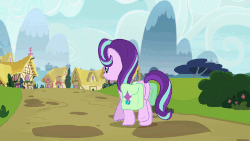 Size: 1280x720 | Tagged: safe, edit, edited screencap, screencap, starlight glimmer, pony, unicorn, g4, rock solid friendship, animated, bush, caption, female, flower, gif, house, looking back, mountain, path, ponyville, saddle bag, scenery, smiling, solo, text, tree, walking