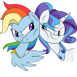 Size: 800x800 | Tagged: safe, artist:emositecc, rainbow dash, rarity, pegasus, pony, unicorn, comic:sparkle, alternate universe, angry, female, frown, horn, jewelry, looking at each other, mare, necklace, rivalry, simple background, smiling, transparent background, wings