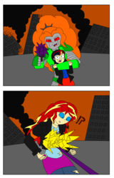 Size: 1024x1603 | Tagged: safe, artist:brandon-vortex, artist:crydius, adagio dazzle, sunset shimmer, oc, oc:gamma, android, equestria girls, g4, my little pony equestria girls: rainbow rocks, burning, city, clothes, crossover, destruction, exclamation point, female, gun, gunfight, gunshot, headband, hostage, implied lesbian, jacket, leather jacket, magical lesbian spawn, magical science spawn, offspring, pants, pantyhose, parent:sci-twi, parent:sunset shimmer, parents:scitwishimmer, question mark, ripped pantyhose, scared, scientific lesbian spawn, shirt, shot, skirt, skyscraper, the transformers: the movie, transformers, uniform, weapon
