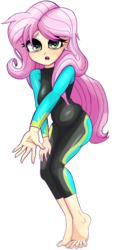 Size: 465x1000 | Tagged: safe, alternate version, artist:nin10ja, fluttershy, human, equestria girls, equestria girls series, forgotten friendship, g4, barefoot, clothes, feet, female, fluttershy's wetsuit, humanized, looking at you, simple background, solo, swimsuit, toes, transparent background, wetsuit, worried