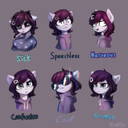 Size: 3000x3000 | Tagged: safe, artist:inowiseei, oc, oc only, oc:rainfall bloom, pony, blanket, bust, chromatic aberration, clothes, commission, expressions, high res, hoodie, portrait, sick, simple background, solo, sunglasses, thermometer