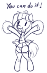 Size: 543x844 | Tagged: dead source, safe, artist:an-m, oc, oc only, oc:abstract module, pony, bipedal, cheerleader, clothes, cute, female, mare, monochrome, panties, pleated skirt, pom pom, pony oc, simple background, sketch, skirt, skirt lift, smiling, socks, solo, thigh highs, underwear, white background