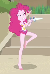 Size: 451x665 | Tagged: safe, screencap, pinkie pie, human, equestria girls, equestria girls series, g4, too hot to handle, barefoot, clothes, cropped, eyes closed, feet, female, food, geode of sugar bombs, hotfoot, ouch, pain, snow cone, solo, swimsuit, teeth