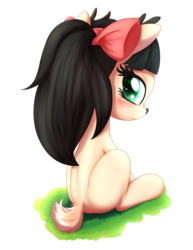 Size: 2125x2750 | Tagged: safe, artist:an-m, oc, oc only, oc:callie, deer, deer pony, original species, blushing, grass, high res, looking back, ribbon, simple background, solo, transparent background