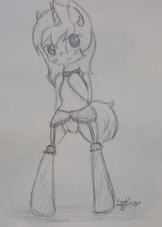 Size: 1119x1576 | Tagged: safe, artist:lightisanasshole, oc, oc only, oc:delly, pony, unicorn, blushing, commission, female, monochrome, sketch, solo, suspenders, traditional art