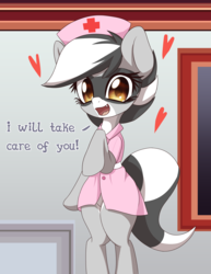 Size: 2125x2750 | Tagged: safe, artist:an-m, oc, oc only, oc:bandy cyoot, raccoon pony, semi-anthro, bipedal, clothes, cute, dialogue, female, hat, heart, high res, looking at you, nurse hat, nurse outfit, ocbetes, solo