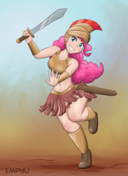 Size: 880x1200 | Tagged: safe, artist:empyu, pinkie pie, equestria girls, g4, armor, armor skirt, belly button, boots, clothes, cute, female, gladiator, gladiatrix, helmet, human coloration, looking at you, midriff, pteruges, requested art, shoes, skirt, smiling, solo, sword, unconvincing armor, weapon