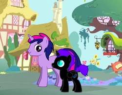 Size: 830x650 | Tagged: safe, editor:jdueler11, twilight sparkle, oc, oc:nox (rule 63), oc:nyx, alicorn, pony, fanfic:on a cross and arrow, fanfic:past sins, g4, dusk shine, golden oaks library, rule 63, toy