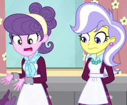 Size: 663x549 | Tagged: safe, screencap, suri polomare, upper crust, equestria girls, g4, my little pony equestria girls: friendship games, apron, clothes, cropped, crystal prep academy uniform, crystal prep shadowbolts, ear piercing, earring, female, jewelry, oops, piercing, school uniform, skunk stripe