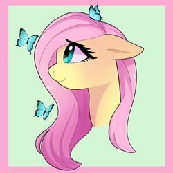 Size: 3000x3000 | Tagged: safe, artist:emera33, fluttershy, butterfly, pony, g4, bust, cute, daaaaaaaaaaaw, female, high res, mare, portrait, shyabetes, smiling, solo