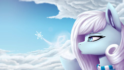 Size: 1920x1080 | Tagged: safe, artist:equestrian-downfall, oc, oc only, oc:snowdrop, pony, cloud, female, mare, sky, snow, snowflake, solo