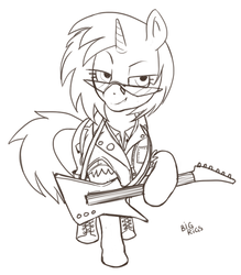 Size: 673x768 | Tagged: safe, artist:bigrigs, dj pon-3, vinyl scratch, pony, unicorn, g4, clothes, electric guitar, female, guitar, heavy metal, jacket, leather jacket, monochrome, musical instrument, rock (music), solo