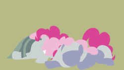 Size: 3840x2160 | Tagged: safe, artist:toastybrownpotatoes, limestone pie, marble pie, pinkie pie, earth pony, pony, hugtastic pinkie pie, g4, the maud couple, 4k, female, happy, high res, hooves, lineless, lying down, mare, minimalist, one-sided hug, pony pile, simple background, smiling, teeth, wallpaper