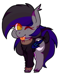Size: 470x586 | Tagged: safe, artist:aellapt, oc, oc:midnight, bat pony, bat pony oc, chubby, clothes, freckles, one eye closed, tail, tongue out, wink