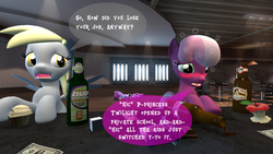 Size: 1280x720 | Tagged: safe, artist:dragonboi471, berry punch, berryshine, cheerilee, derpy hooves, g4, 3d, alcohol, apple, bar, beer, blushing, chocolate bar, drunk, food, gmod, sugarcube