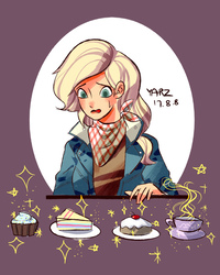 Size: 1680x2100 | Tagged: safe, artist:ako, applejack, equestria girls, g4, beautiful, blonde, cake, cupcake, female, food, hatless, missing accessory, solo