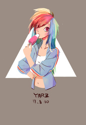 Size: 1456x2120 | Tagged: safe, artist:ako, rainbow dash, equestria girls, g4, belly button, clothes, female, food, ice cream, looking at you, midriff, solo, sweater