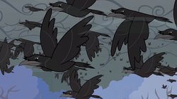 Size: 1366x768 | Tagged: safe, screencap, bird, crow, family appreciation day, g4, animal, cloud, cloudy, flock, flying, frown, glare, murder of crows, spread wings, stormcloud, tree, wind, wind blowing, wings