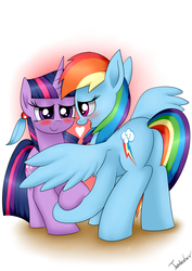 Size: 2480x3507 | Tagged: safe, artist:twidasher, rainbow dash, twilight sparkle, pegasus, pony, unicorn, g4, blue feather, blushing, duo, female, heart, high res, lesbian, looking at each other, mare, ship:twidash, shipping, signature, simple background, smiling, spread wings, unicorn twilight, white background, wings
