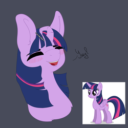 Size: 2000x2000 | Tagged: safe, artist:vlorn, twilight sparkle, alicorn, pony, g4, blushing, bust, commission, eyes closed, female, flexible horn, happy, head scratch, high res, horn, prehensile horn, small horn, smiling, solo, twilight sparkle (alicorn), wat, yay