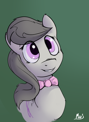 Size: 1080x1470 | Tagged: safe, artist:sea-maas, octavia melody, earth pony, pony, g4, bowtie, bust, cute, female, green background, mare, simple background, smiling, solo, three quarter view