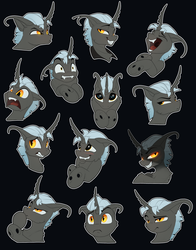 Size: 1840x2350 | Tagged: safe, artist:yakovlev-vad, oc, oc only, changeling, pony, angry, blushing, changeling oc, expressions, facial expressions, male, open mouth, slit pupils, smiling, smug, solo, thinking