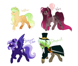 Size: 1024x871 | Tagged: safe, artist:kimyowolf, oc, oc only, oc:denzel, oc:dream tide, oc:vine, oc:willow, earth pony, pegasus, pony, cloak, clothes, female, hat, male, mare, simple background, stallion, top hat, transparent background