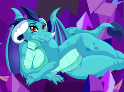 Size: 2800x2085 | Tagged: safe, artist:fourze-pony, princess ember, dragon, anthro, g4, curved horn, curvy, cute, cyrstals, digital art, dragon lord ember, female, high res, horn, on side, smiling, solo, wings