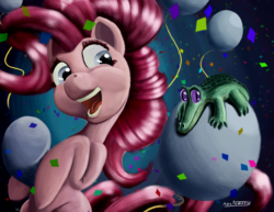 Size: 2133x1649 | Tagged: safe, artist:noctomaeus, gummy, pinkie pie, earth pony, pony, g4, balloon, confetti, female, happy, mare, party, signature