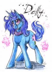 Size: 2228x3047 | Tagged: safe, artist:donika-schovina, oc, oc only, oc:delly, collar, cute, high res, simple background, traditional art, white background