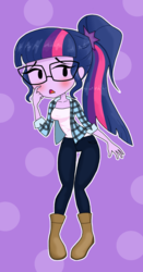 Size: 766x1460 | Tagged: safe, artist:iyoungsavage, sci-twi, twilight sparkle, equestria girls, g4, abstract background, alternate clothes, blushing, clothes, female, glasses, solo